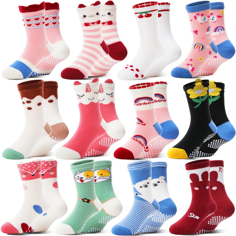 Welwoos Baby Girls Toddlers Grips Socks Kids Non Slip Anti Skid Funny Animal Cartoon Gift Cotton Socks with Grippers 12 Pairs Stocking Stuffers (Animal,3-5 Y) - Image 1