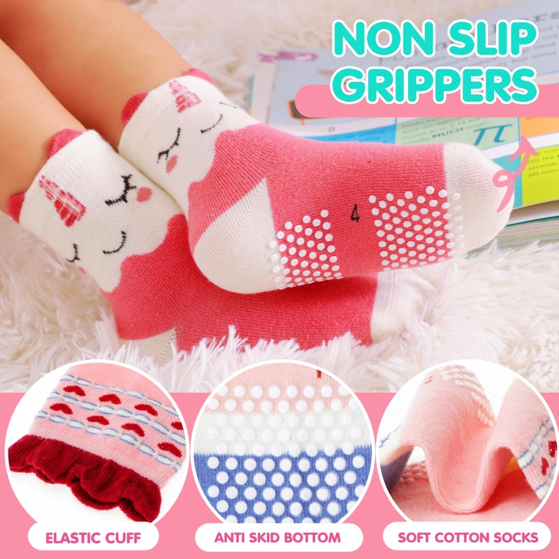 Welwoos Baby Girls Toddlers Grips Socks Kids Non Slip Anti Skid Funny Animal Cartoon Gift Cotton Socks with Grippers 12 Pairs Stocking Stuffers (Animal,3-5 Y) - Image 4