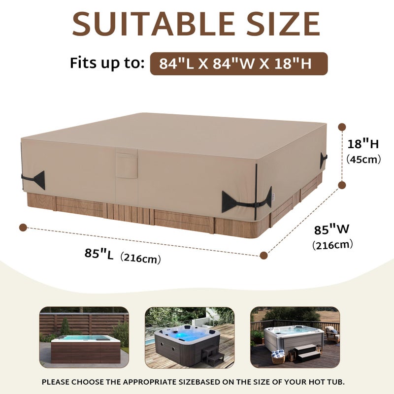 iBirdie Outdoor Waterproof and Weatherproof Hot Tub Cover 85 x 85 inch fit 84 x 84 or 83 x 83 or 82 x 82 or 7 ft x 7 ft Square SPA 600D Heavy Duty Cover Protectors Protective Cap, Brown - Image 2