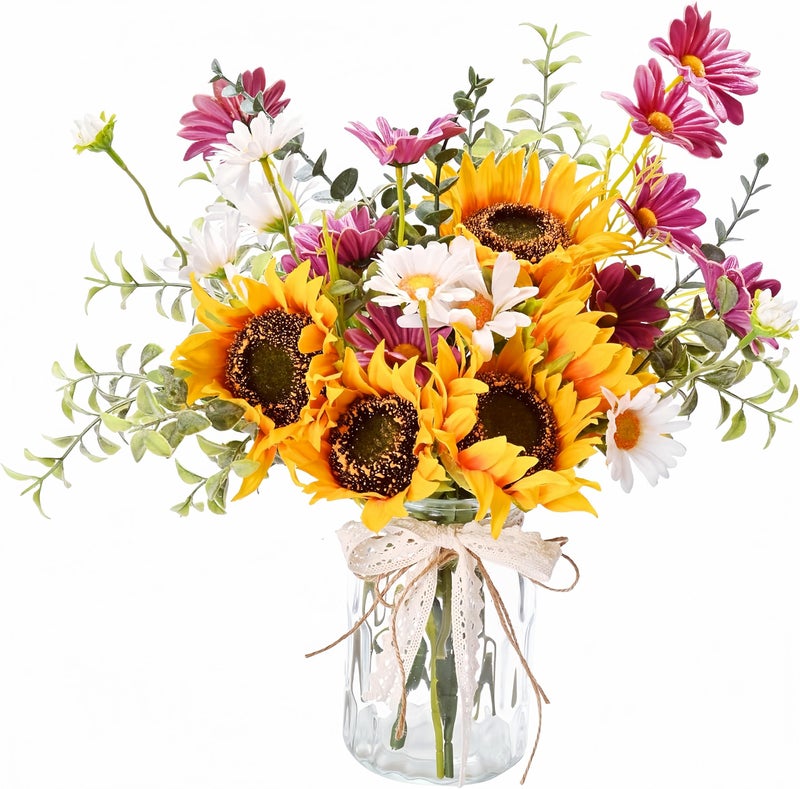 LUEUR Artificial Faux Flowers in Vase for Home, Fake Flowers Arrangment with Pot, Sunflower Silk Daisy Bouquet for Fall Spring & Summer Decor Coffee Table Dinning Room Kitchen Centerpiece Table Decorations - Image 1