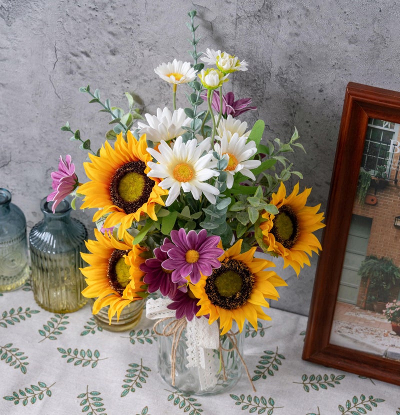 LUEUR Artificial Faux Flowers in Vase for Home, Fake Flowers Arrangment with Pot, Sunflower Silk Daisy Bouquet for Fall Spring & Summer Decor Coffee Table Dinning Room Kitchen Centerpiece Table Decorations - Image 2