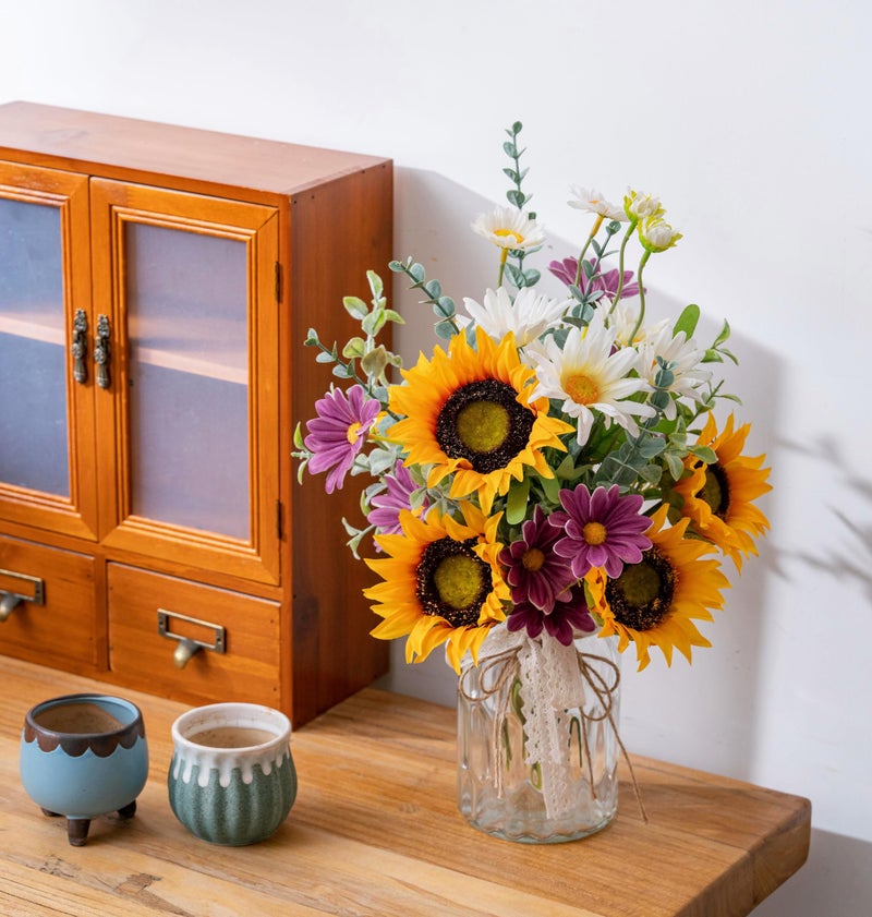 LUEUR Artificial Faux Flowers in Vase for Home, Fake Flowers Arrangment with Pot, Sunflower Silk Daisy Bouquet for Fall Spring & Summer Decor Coffee Table Dinning Room Kitchen Centerpiece Table Decorations - Image 4