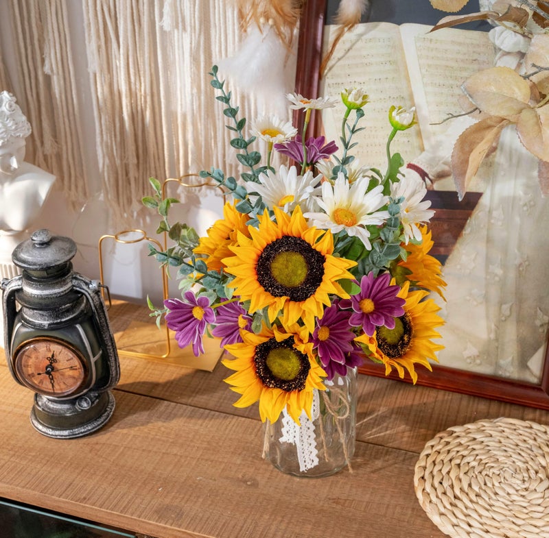 LUEUR Artificial Faux Flowers in Vase for Home, Fake Flowers Arrangment with Pot, Sunflower Silk Daisy Bouquet for Fall Spring & Summer Decor Coffee Table Dinning Room Kitchen Centerpiece Table Decorations - Image 3