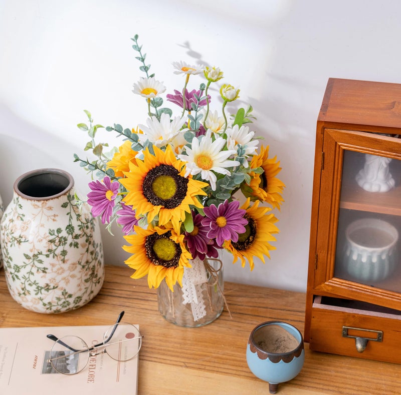 LUEUR Artificial Faux Flowers in Vase for Home, Fake Flowers Arrangment with Pot, Sunflower Silk Daisy Bouquet for Fall Spring & Summer Decor Coffee Table Dinning Room Kitchen Centerpiece Table Decorations - Image 5