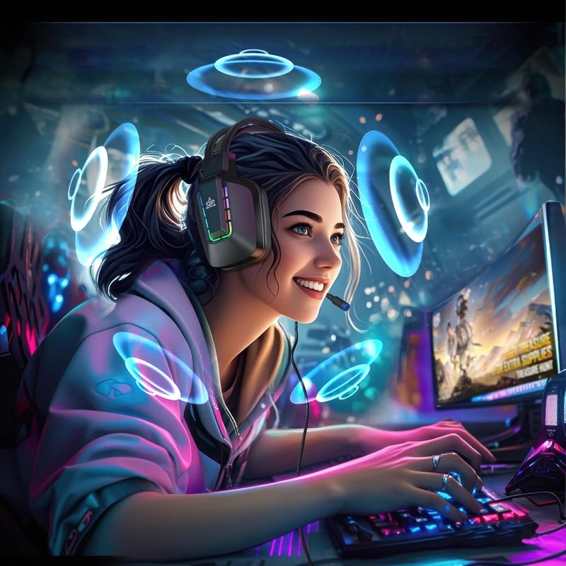 OMIRE Wired Gaming Headset,لعبة سماعات,Gaming Headphones Noise Cancelling Mic,50MM Drivers,3.5mm Audio Cable,Memory Foam Earmuff Cushion,USB-RGB Cable,Compatible with PC,Xbox,PS5,Switch,Phone-Black - Image 4