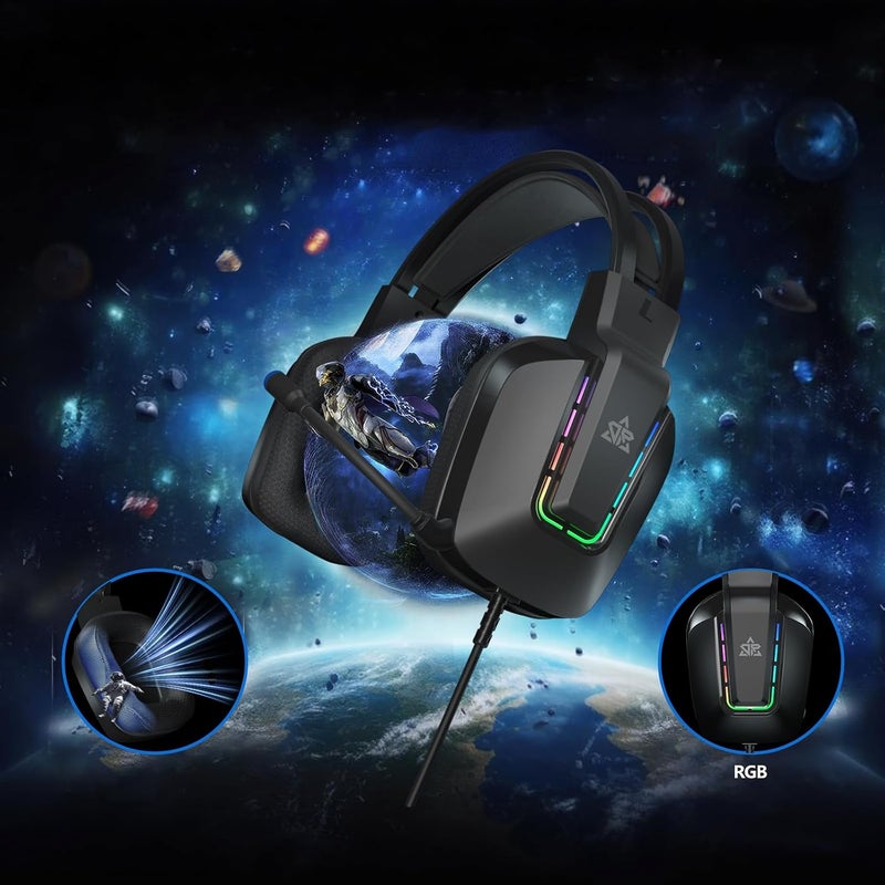 OMIRE Wired Gaming Headset,لعبة سماعات,Gaming Headphones Noise Cancelling Mic,50MM Drivers,3.5mm Audio Cable,Memory Foam Earmuff Cushion,USB-RGB Cable,Compatible with PC,Xbox,PS5,Switch,Phone-Black - Image 5