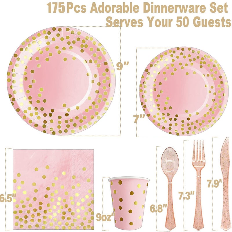 AIRE 175PCS Pink Rose Gold Plates Party Supplies Severs 25 Guests Disposable Party Decorations, Plastic Forks Knives Spoons, Golden Dot Paper Plates Napkins Cups for Baby Shower Birthday Wedding - Image 2