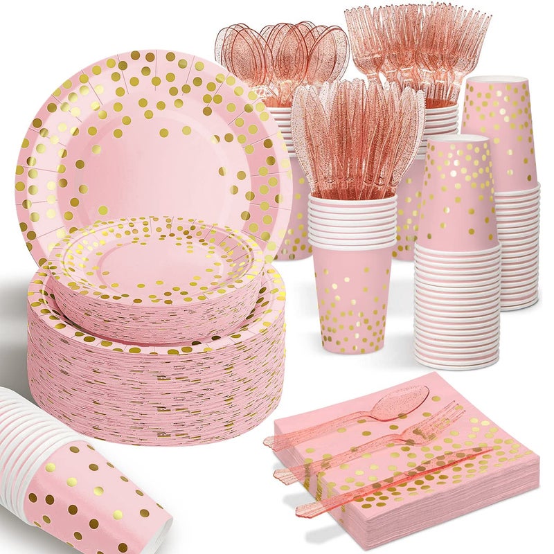 AIRE 175PCS Pink Rose Gold Plates Party Supplies Severs 25 Guests Disposable Party Decorations, Plastic Forks Knives Spoons, Golden Dot Paper Plates Napkins Cups for Baby Shower Birthday Wedding - Image 1