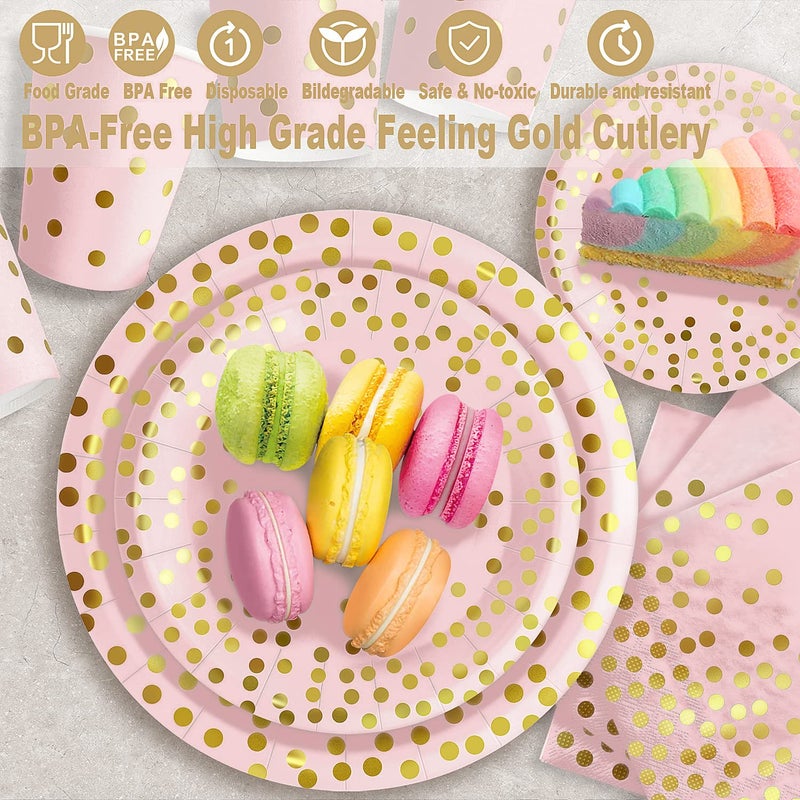 AIRE 175PCS Pink Rose Gold Plates Party Supplies Severs 25 Guests Disposable Party Decorations, Plastic Forks Knives Spoons, Golden Dot Paper Plates Napkins Cups for Baby Shower Birthday Wedding - Image 3
