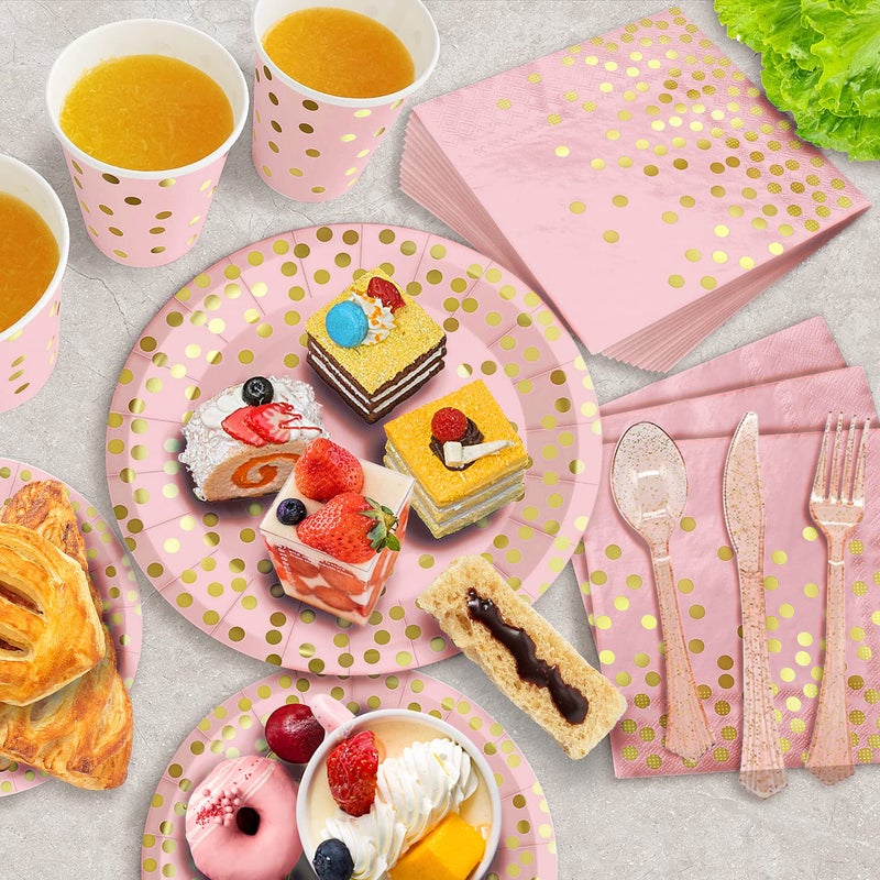 AIRE 175PCS Pink Rose Gold Plates Party Supplies Severs 25 Guests Disposable Party Decorations, Plastic Forks Knives Spoons, Golden Dot Paper Plates Napkins Cups for Baby Shower Birthday Wedding - Image 4