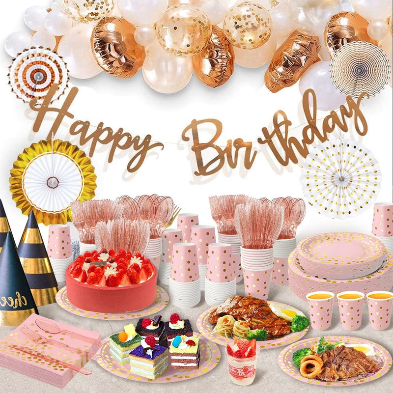 AIRE 175PCS Pink Rose Gold Plates Party Supplies Severs 25 Guests Disposable Party Decorations, Plastic Forks Knives Spoons, Golden Dot Paper Plates Napkins Cups for Baby Shower Birthday Wedding - Image 5