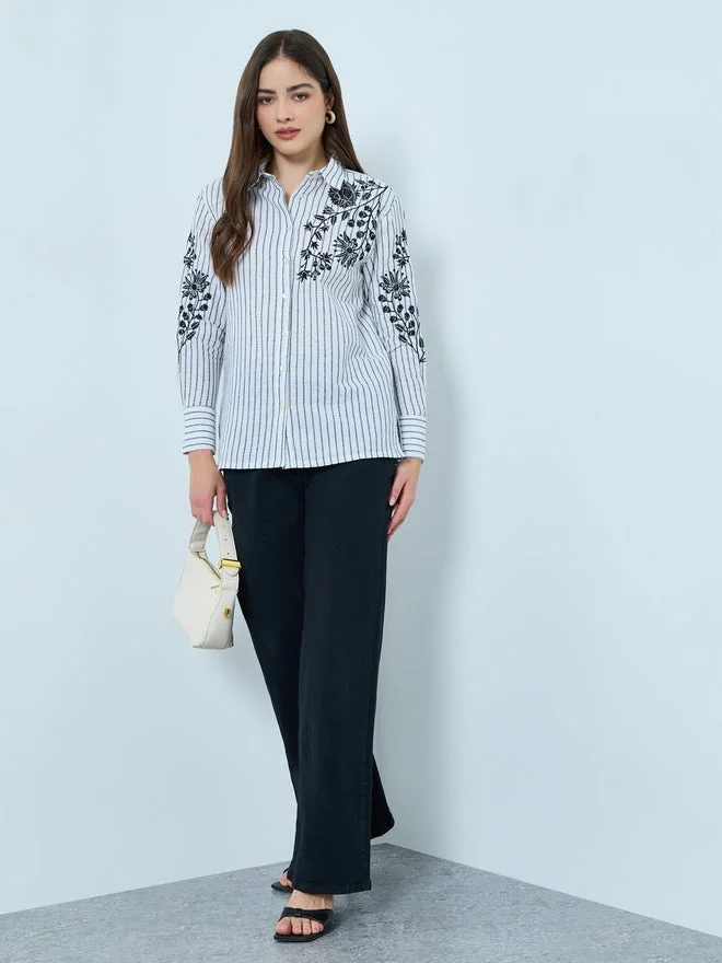 Styli Styli Floral Embroidered Stripe Long Sleeve Shirt