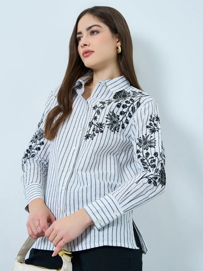 Styli Styli Floral Embroidered Stripe Long Sleeve Shirt