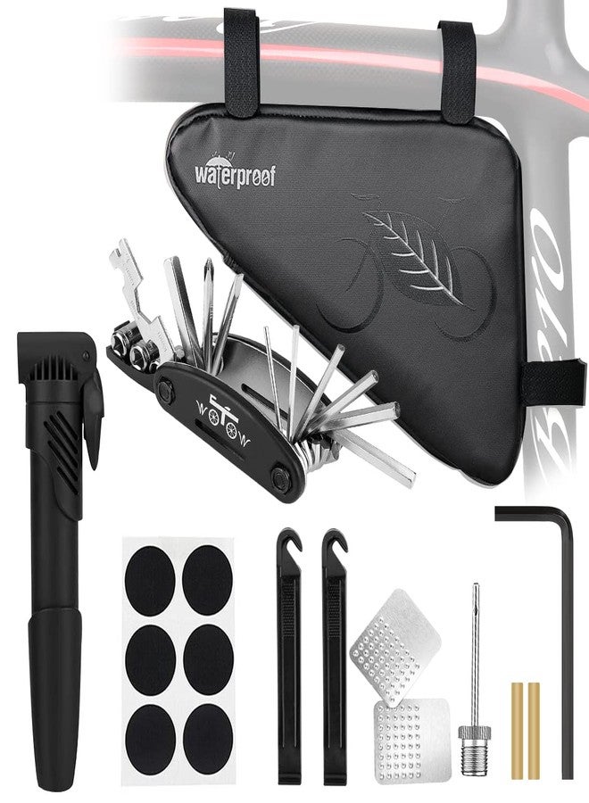 WOTOW Bike Repair Kit with Tire Pump, 2L Waterproof Bike Frame Bag for Phone Tools Accessories, 16 in 1 Multitool, Bike Glueless Patches Maintenance Essentials All in One Kits for Mountain Ebike (16) - Image 1