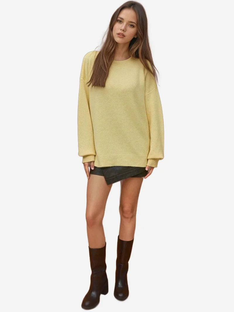 HICCUP Lemon Yellow Cozy Crew Neck Knit Sweater for Women | Best Price UAE