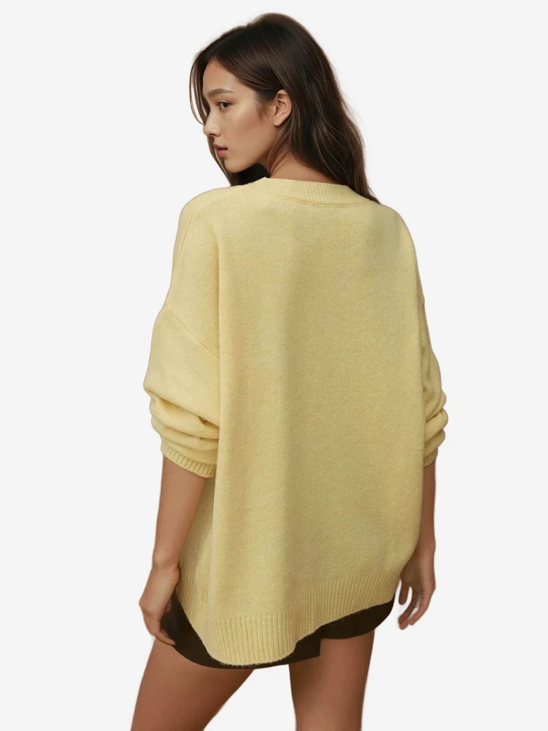 HICCUP Lemon Yellow Cozy Crew Neck Knit Sweater for Women | Best Price UAE