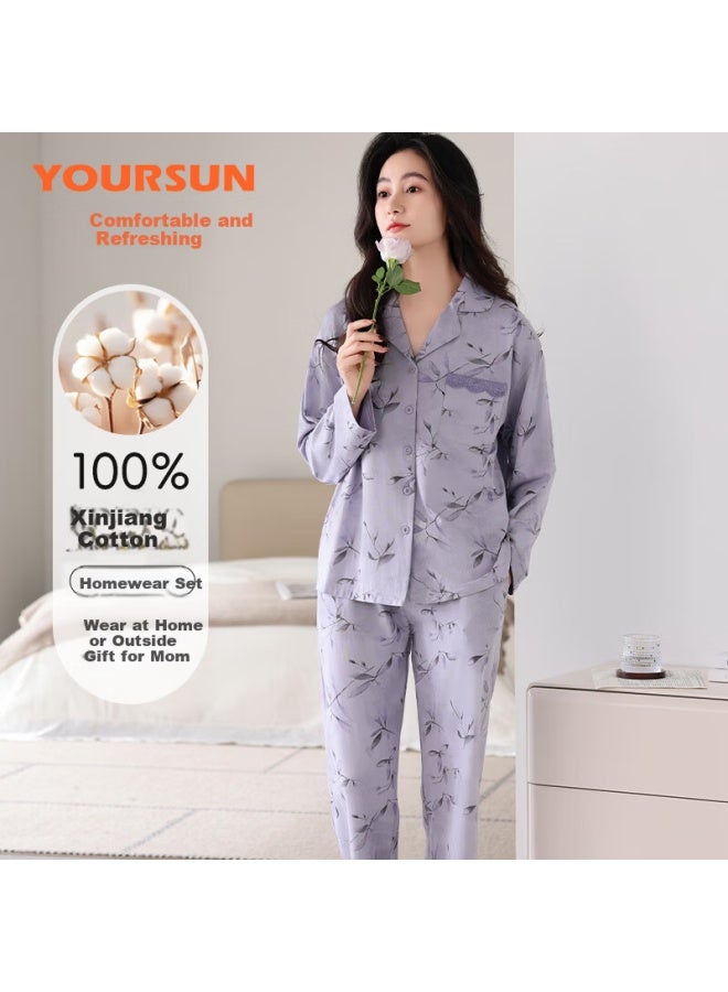 Yiershuang 100% Cotton Women's Pajamas Spring Autumn Long Sleeve Loose Fit Homewear Set For Middle-aged And Elderly Mothers Gift