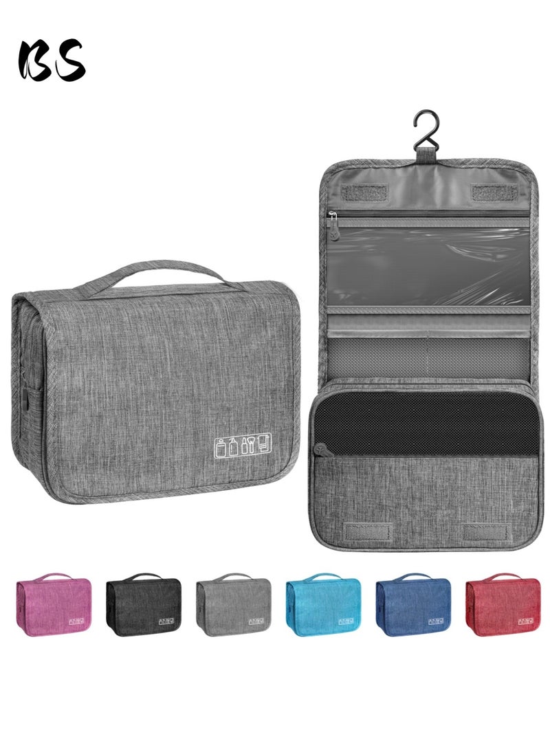 بي إس حقيبة أدوات الزينة للسفر مع خطاف تعليق، حقيبة مكياج متعددة الوظائف مقاومة للماء لأدوات الزينة، حقيبة مستحضرات تجميل محمولة لتنظيم السفر للنساء والرجال (رمادي) - Image 1