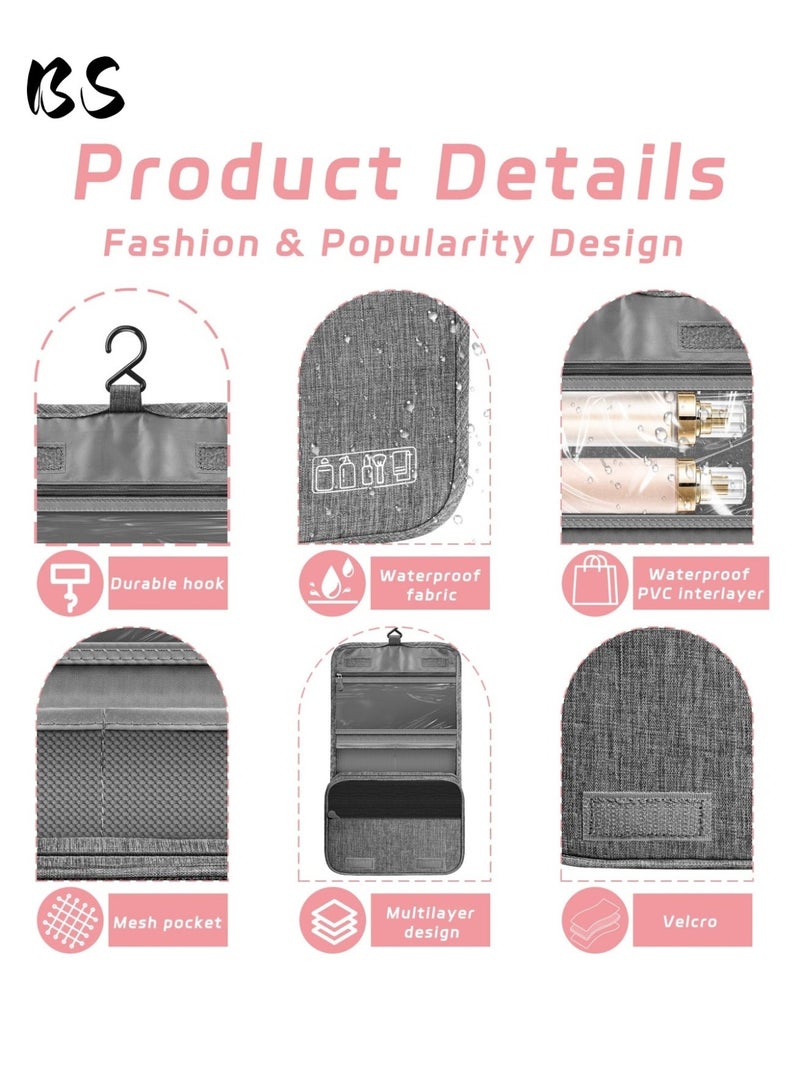 بي إس حقيبة أدوات الزينة للسفر مع خطاف تعليق، حقيبة مكياج متعددة الوظائف مقاومة للماء لأدوات الزينة، حقيبة مستحضرات تجميل محمولة لتنظيم السفر للنساء والرجال (رمادي) - Image 3