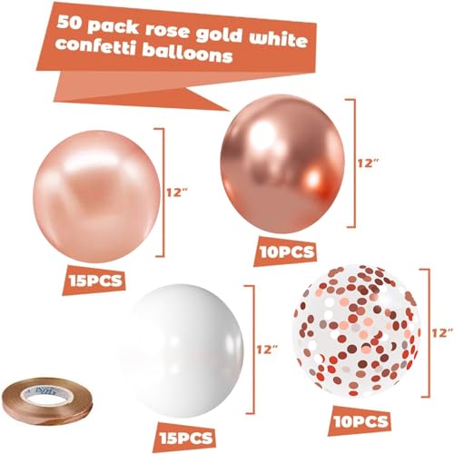 Zesliwy Rose Gold Confetti Balloons, 50 Pack 12 inch White and Rose Gold Latex Balloons with 33 Feet Rose Gold Ribbon for Birthday Party Wedding Graduation Bridal Shower Decorations.… - Image 2