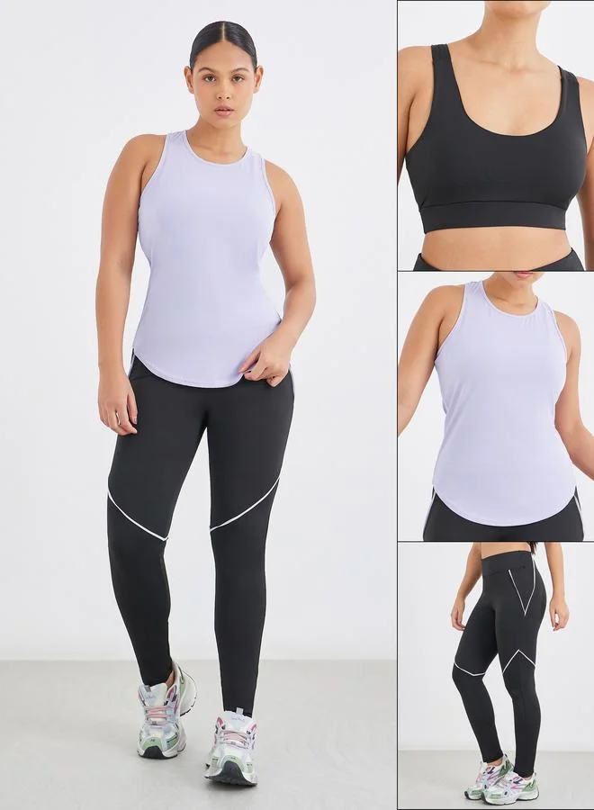 Styli Styli Textured Racerback Tank with Sports Bra and Contrast Stitch Detail Leggings Set
