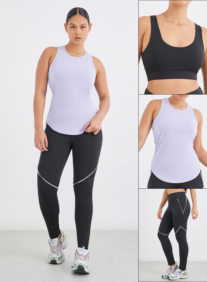 Styli Textured Racerback Tank with Sports Bra and Contrast Stitch Detail Leggings Set - Image 1