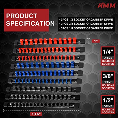 AMM 9-Piece Socket Organizer, 1/2 inch, 3/8 inch and 1/4 inch Drive ABS Tools-Socket Holder,Heavy Duty Socket Racks, Premium Quality Socket Clip Rail Holder,The best tool trays in the garage - Image 2