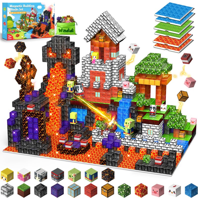 Windidi 150PCS Magnetic Building Blocks 6 Big Magnetic Base Building STEM Toys Magnet Cube Game for Kids Build Mine Castle Volcano World for Boys Girls Age 35 48 812 Sensory Outdoor Travel Toys Gifts - Image 3