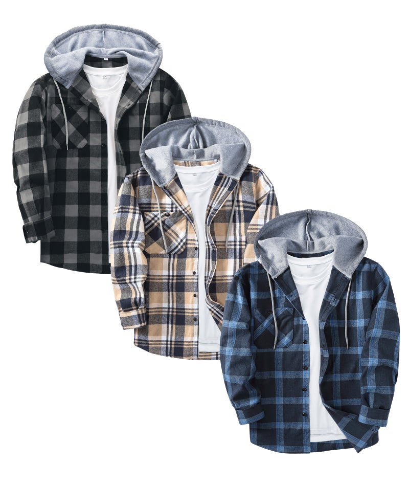 ZITY 3 Pack Men's Flannel Hoodie Shirts Long Sleeve Casual Vintage Button Down Plaid Shirt Jacket with Pocket Deepbluebeige Navy White Medium - Image 1