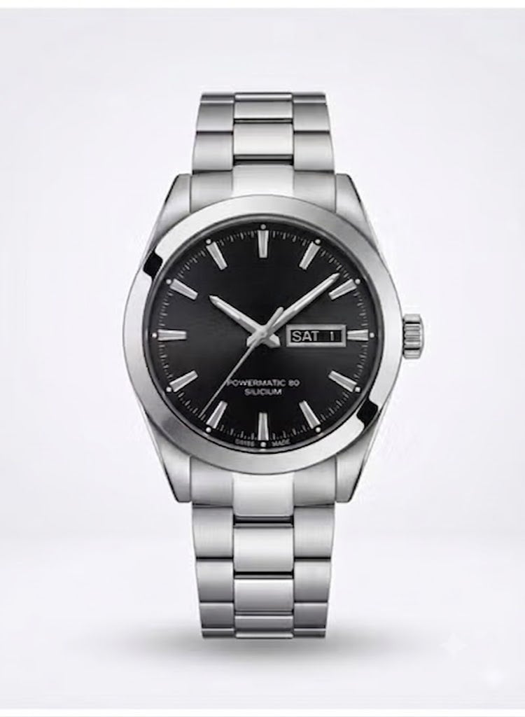 Men's Stainless Steel Analog Wristwatch with Black Sunray Dial, Day & Date Display