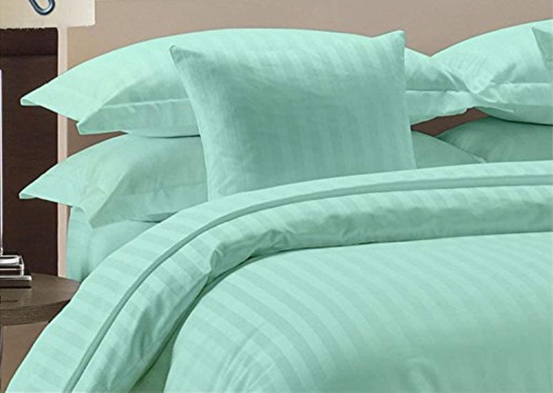 Fablicious Glace Cotton Satin Striped Plain Bedsheet for Double Bed with 2 Pillow Covers (Aqua, 90x100) - Image 1