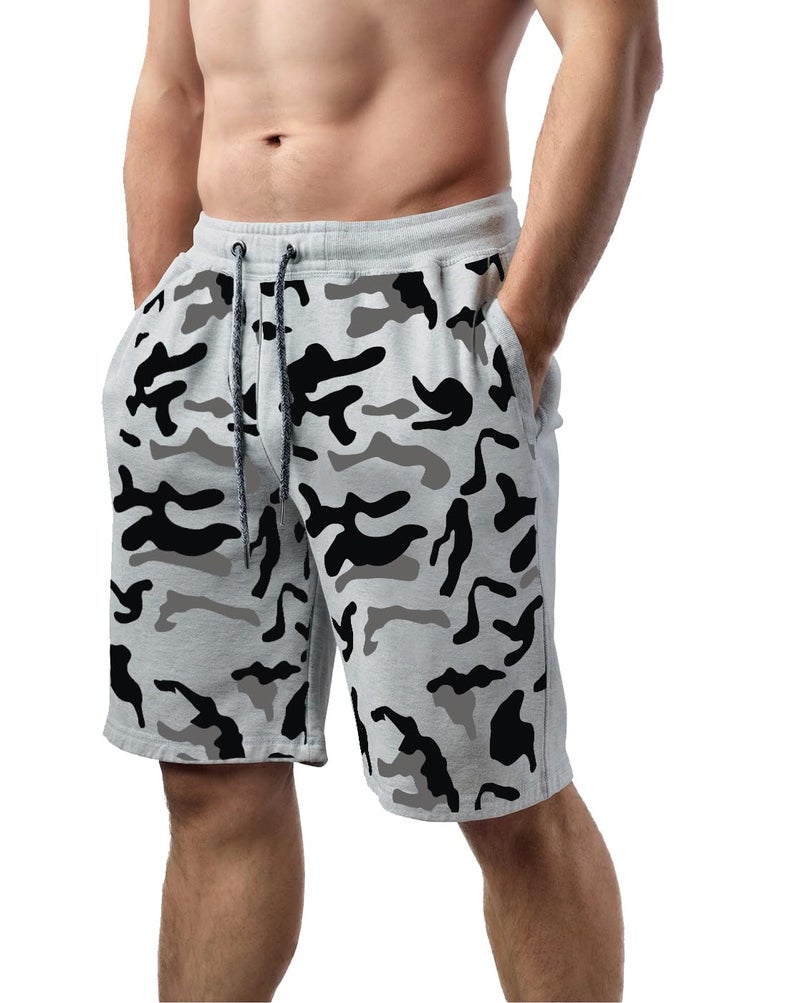 hotfits Men's Grey Cotton Regular Shorts - Workout, Gym, Running, Yoga and Sports Shorts - Camouflage Printed - Image 4