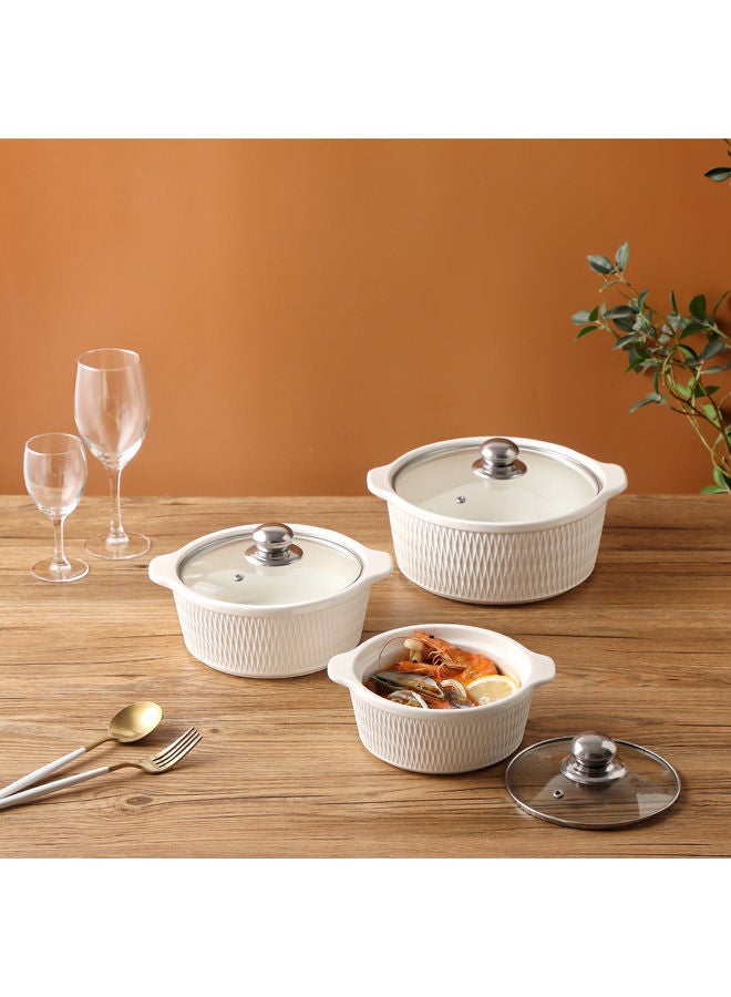 Dove 3-Piece Porcelain Soup Bowl Set With Glass Lid White/Silver; Small Bowl 8 Inch, Medium Bowl 9 Inch, Large Bowl 10.5 Inch