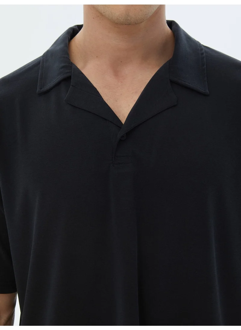 Kip Navy Blue Jacquard Cuban Collar T-Shirt