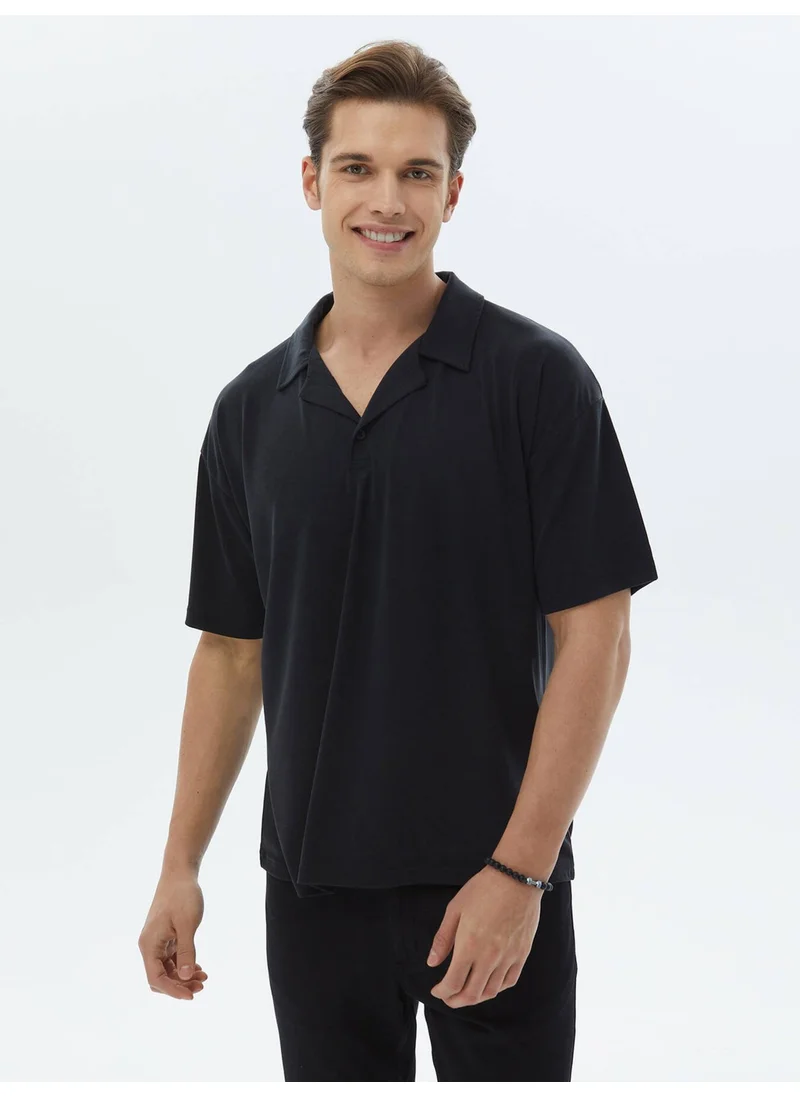 Kip Navy Blue Jacquard Cuban Collar T-Shirt