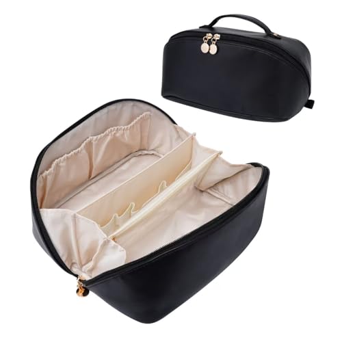 ETTP Large Capacity Cosmetic Bag for Women, Waterproof PU Leather Makeup Bag for Travel,Toiletry Bag Make up Organizer with Divider and Handle (Black) - Image 1