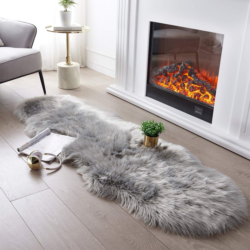 SERISSA Soft Fluffy Rug Grey Faux Sheepskin Fur Rug Shaggy Couch Cover for Bedroom Living Room Runner 2x6 Feet