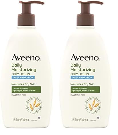 Aveeno Sheer Hydration Daily Moisturizing FragranceFree Lotion with Nourishing Prebiotic Oat FastAbsorbing Body Moisturizer for Dry Skin with Lightweight Breathable Feel 18 fl oz Pack of 2