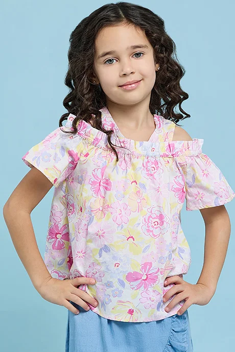 أر أند بي Floral Print Color Shoulder Top
