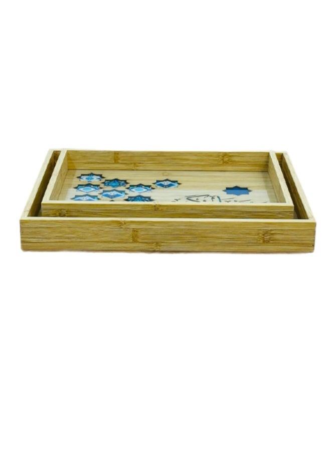 صينية تقديم خشب الخيزران مع قاعدة زجاج شفاف نمط إسلامي رمضان كريم مجموعة من قطعتين حجم مناسب - Image 4