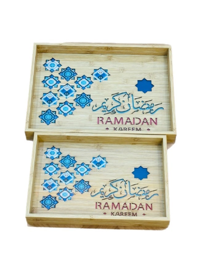 صينية تقديم خشب الخيزران مع قاعدة زجاج شفاف نمط إسلامي رمضان كريم مجموعة من قطعتين حجم مناسب - Image 1