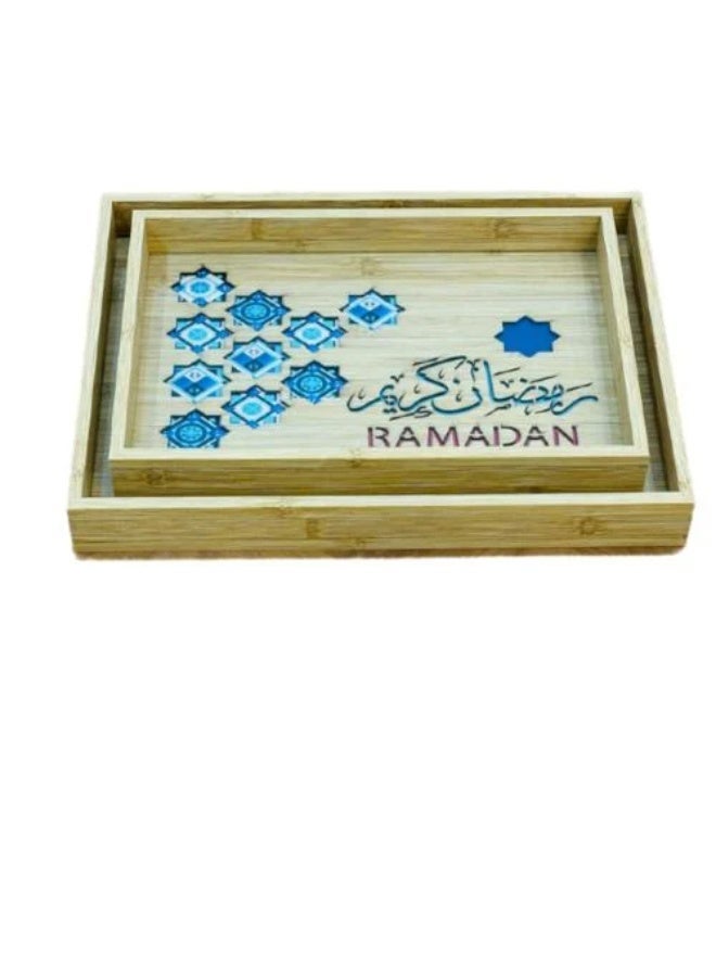 صينية تقديم خشب الخيزران مع قاعدة زجاج شفاف نمط إسلامي رمضان كريم مجموعة من قطعتين حجم مناسب - Image 2