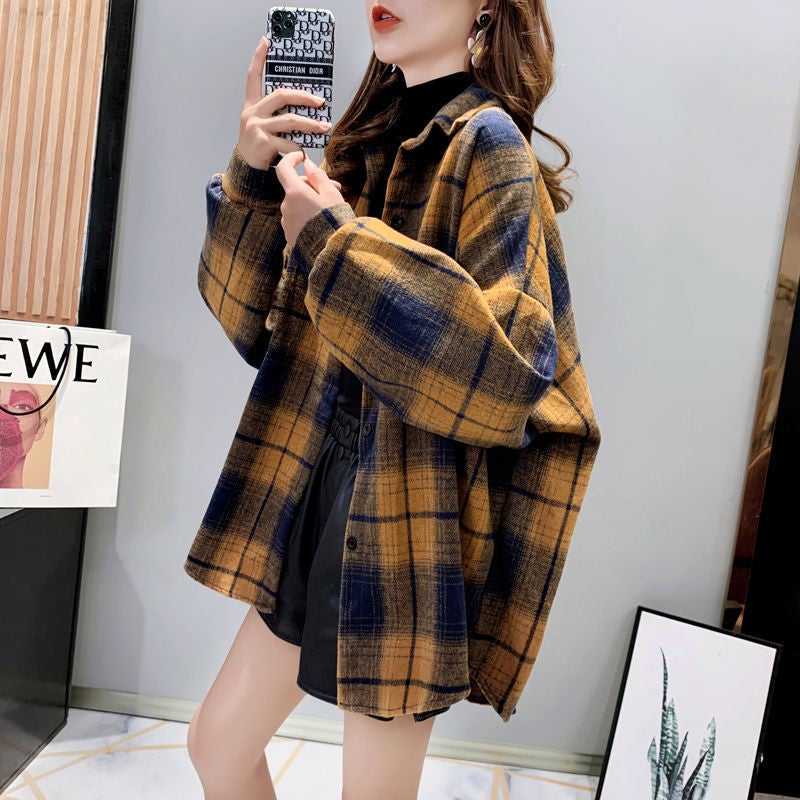 Plaid Shirt Womens Long Coat Trendy ins2024 Spring New Loose Sanding Retro Hong Kong Style Long Sleeve Coat yellow grid medium length