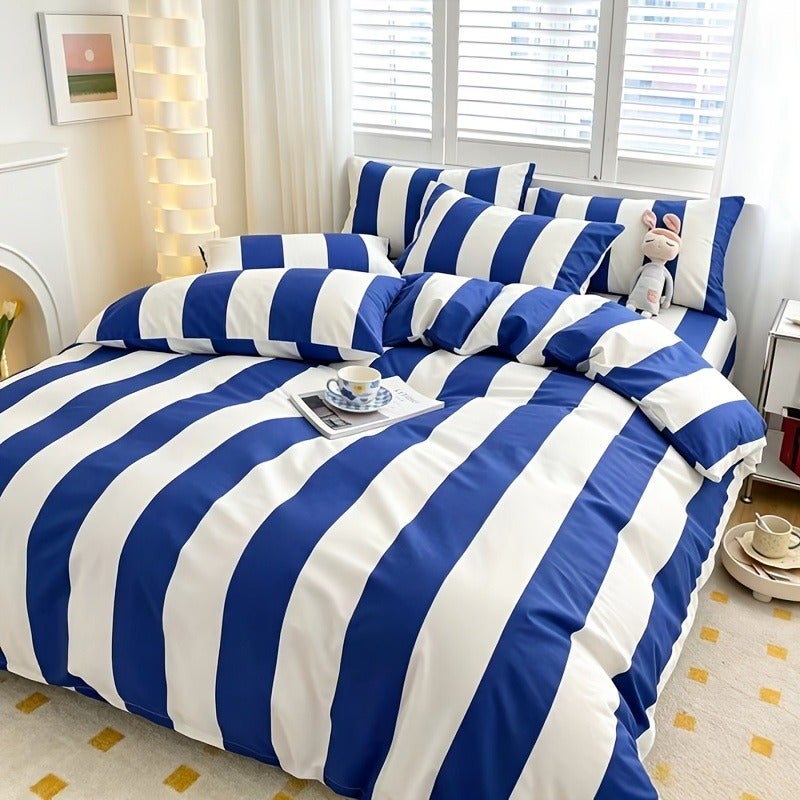 Deep Blue, Green, and Red Striped Bedding, Includes 1 Duvet Cover and 2 Pillowcases. Does Not Include Any Insert. The Duvet Cover Features a Zipper for Easy Removal and Washing. The Fabric Is Comfortable and Soft, Suitable for All Seasons - Image 2