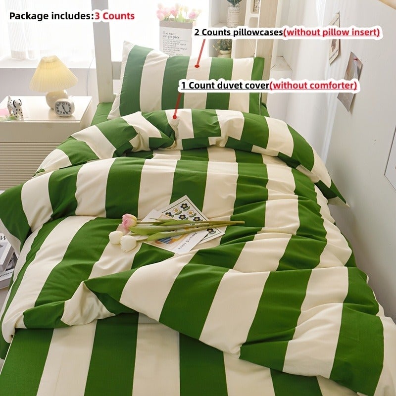 Deep Blue, Green, and Red Striped Bedding, Includes 1 Duvet Cover and 2 Pillowcases. Does Not Include Any Insert. The Duvet Cover Features a Zipper for Easy Removal and Washing. The Fabric Is Comfortable and Soft, Suitable for All Seasons - Image 1