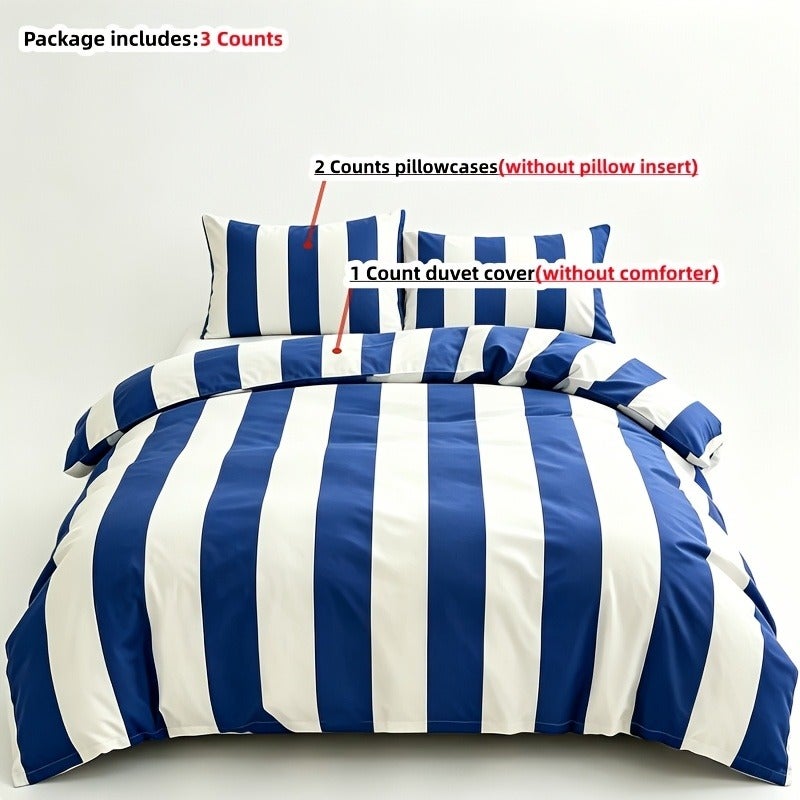 Deep Blue, Green, and Red Striped Bedding, Includes 1 Duvet Cover and 2 Pillowcases. Does Not Include Any Insert. The Duvet Cover Features a Zipper for Easy Removal and Washing. The Fabric Is Comfortable and Soft, Suitable for All Seasons - Image 4