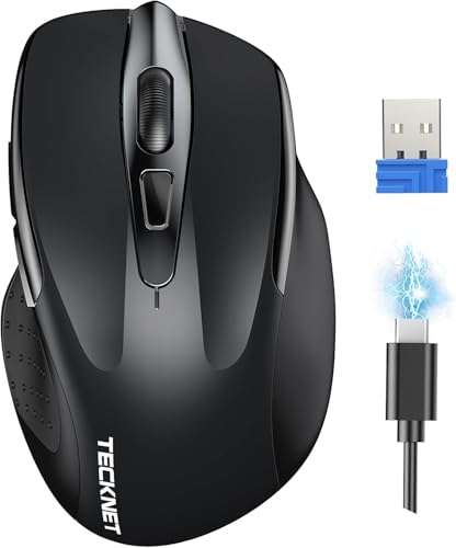 TECKNET ماوس لاسلكي قابل لإعادة الشحن من تيكنيت، ماوس USB-A صامت بتردد 2.4G، نقرة هادئة، 6 إعدادات DPI قابلة للتعديل حتى 4800، ماوس كمبيوتر لاسلكي، ماوس مريح للابتوب، 6 أزرار لجهاز Chromebook، قبضة مريحة - أسود - Image 1