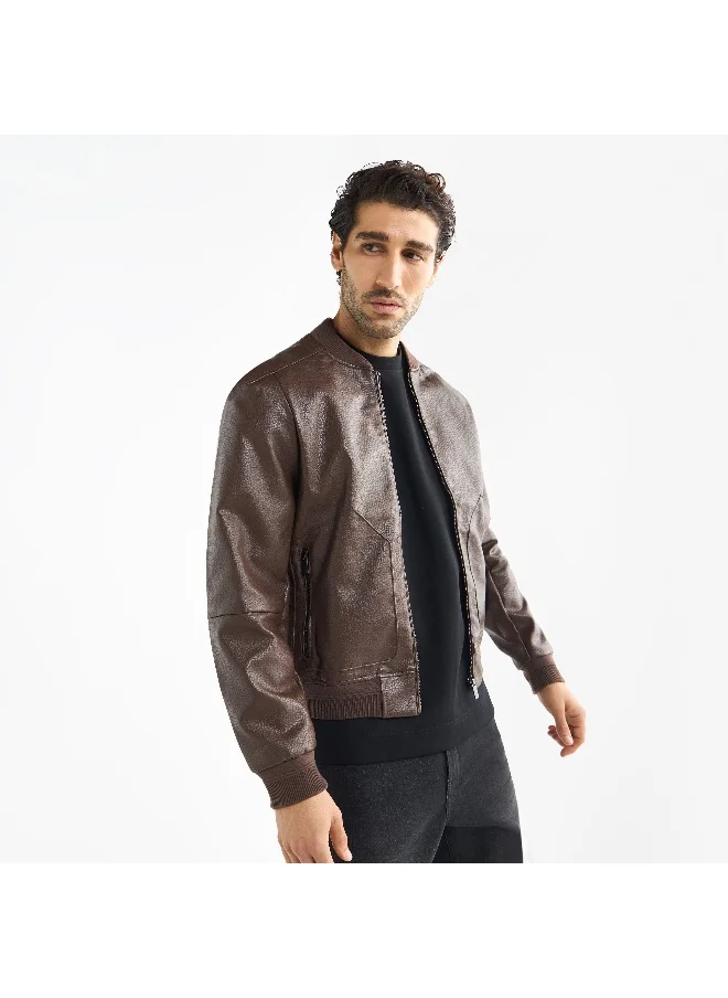 FAV Textured Bomber Jacket with Zip Closure and Pockets