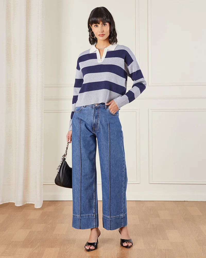 Redtag Women Navy Collared Pullover