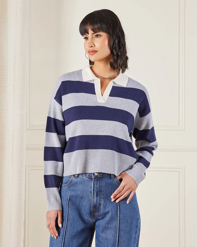 Redtag Women Navy Collared Pullover